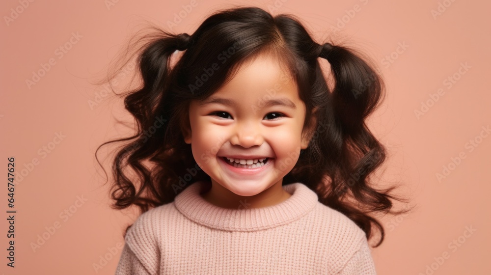 Joyful little girl, wearing neutrals, poses in a studio, smiling brightly. Generative AI Joyful little girl, wearing neutrals, poses in a studio, smiling brightly. Generative AI