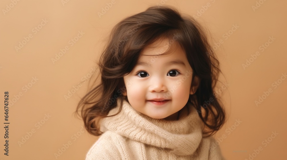 A smiling Asian toddler, dressed in neutrals, photographed against a beige backdrop. Generative AI A smiling Asian toddler, dressed in neutrals, photographed against a beige backdrop. Generative AI