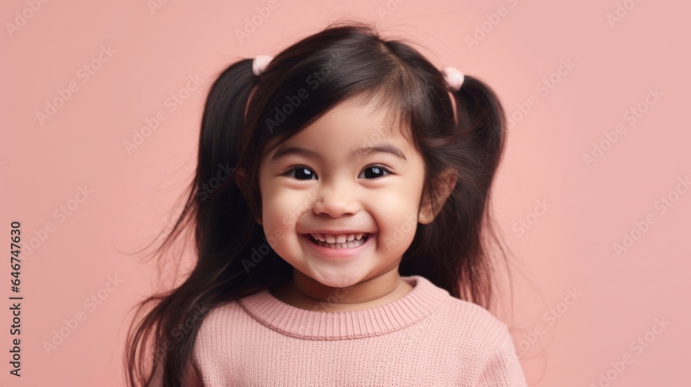 Portrait of a joyful little girl in neutral clothing in a studio. Generative AI Portrait of a joyful little girl in neutral clothing in a studio. Generative AI