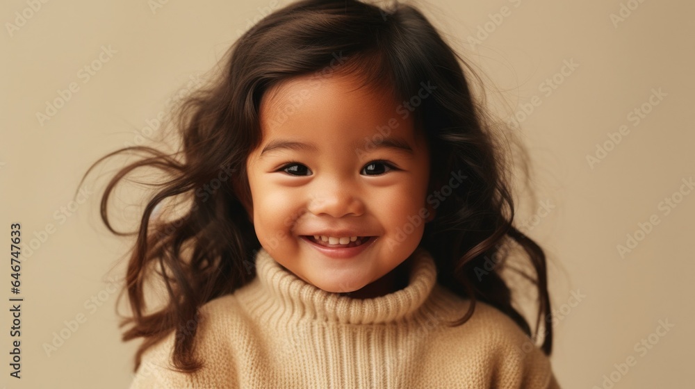 Studio portrait of a happy little Asian girl in neutral clothes. Generative AI Studio portrait of a happy little Asian girl in neutral clothes. Generative AI
