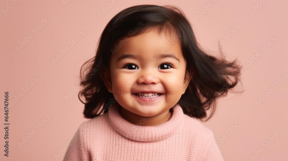 Cute Asian toddler in neutral attire smiles brightly in studio. Generative AI Cute Asian toddler in neutral attire smiles brightly in studio. Generative AI
