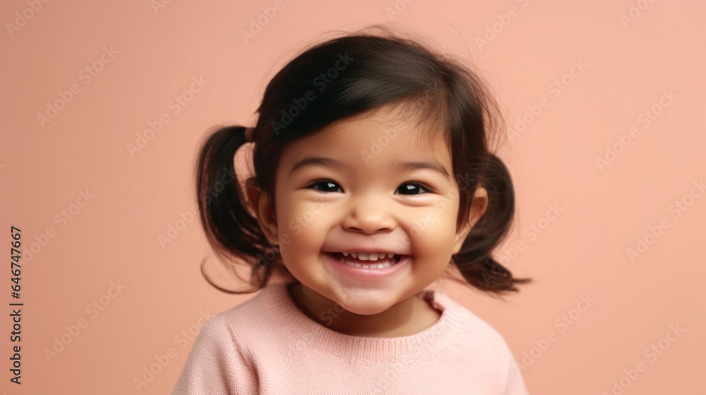 Adorable Asian toddler girl in neutral outfit, radiating happiness. Generative AI Adorable Asian toddler girl in neutral outfit, radiating happiness. Generative AI