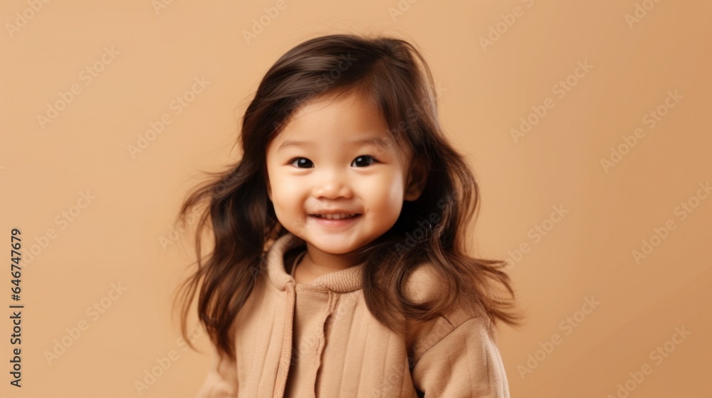 Adorable Asian toddler girl in neutral outfit, radiating happiness. Generative AI Adorable Asian toddler girl in neutral outfit, radiating happiness. Generative AI