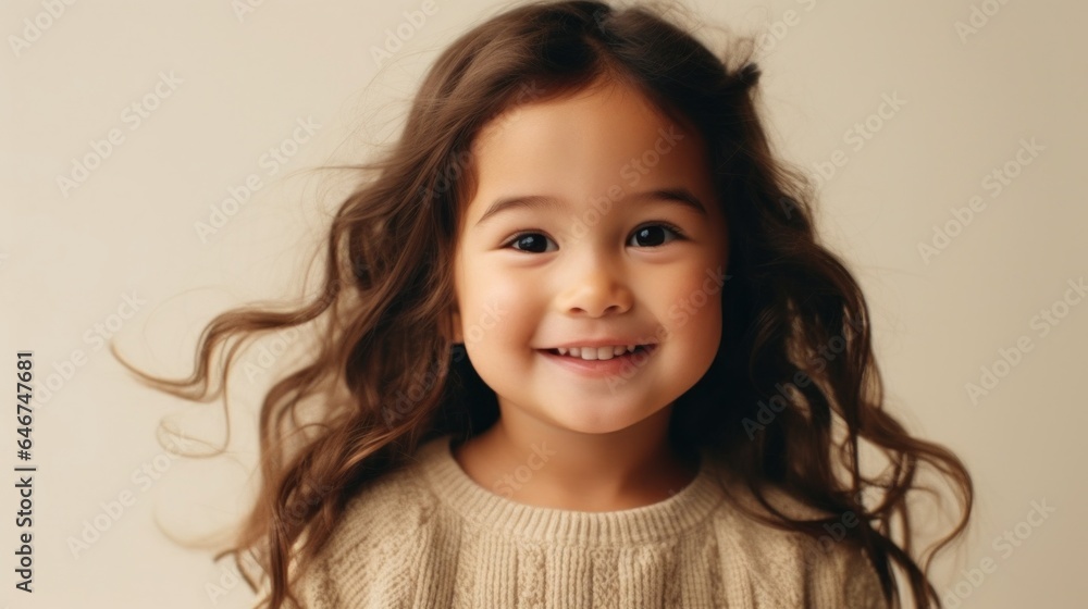 Joyful little girl in studio, dressed in neutrals, beaming with joy. Generative AI Joyful little girl in studio, dressed in neutrals, beaming with joy. Generative AI