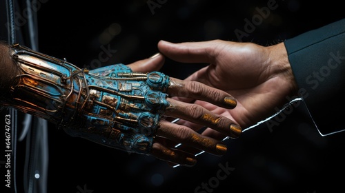Human and robot hands touch connected in virtual future