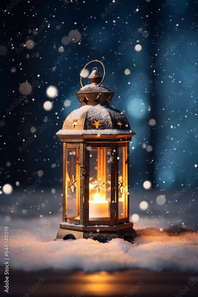 Christmas lantern in the snow, empty copy space Generative AI Christmas lantern in the snow, empty copy space Generative AI