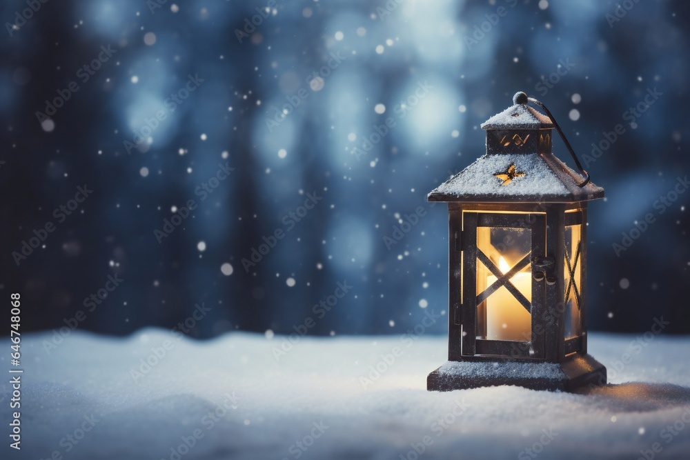 Christmas lantern in the snow, empty copy space Generative AI Christmas lantern in the snow, empty copy space Generative AI
