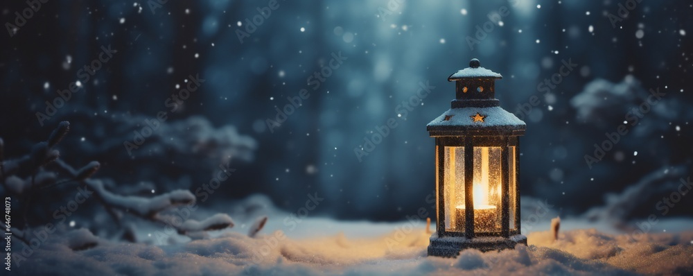 Christmas lantern in the snow, empty copy space Generative AI Christmas lantern in the snow, empty copy space Generative AI