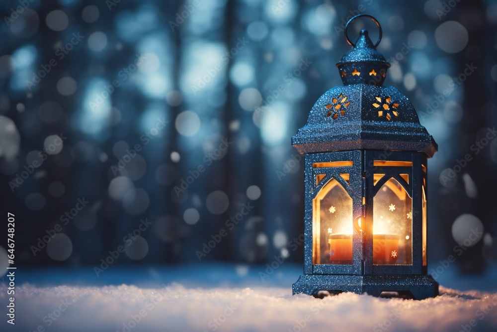 Fototapeta premium Christmas lantern in the snow, empty copy space Generative AI