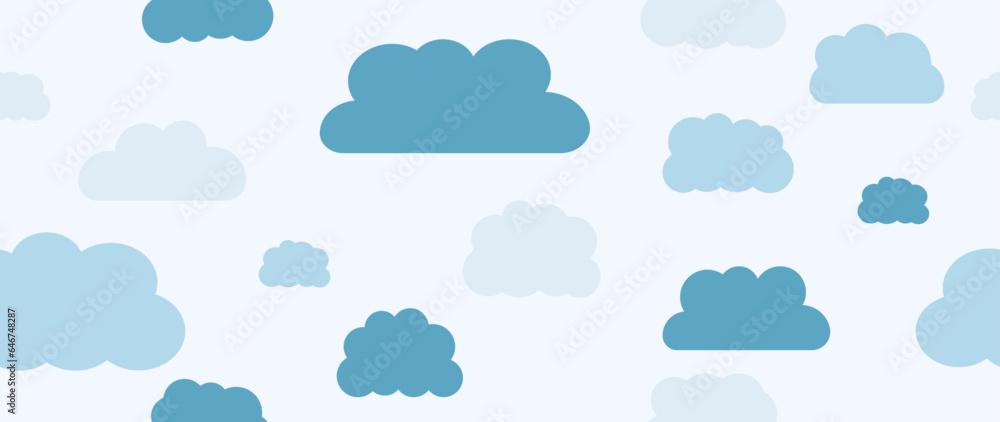 Vector flat illustration. Blue clouds set isolated on light background. Perfect for cover, wallpaper and textile design.