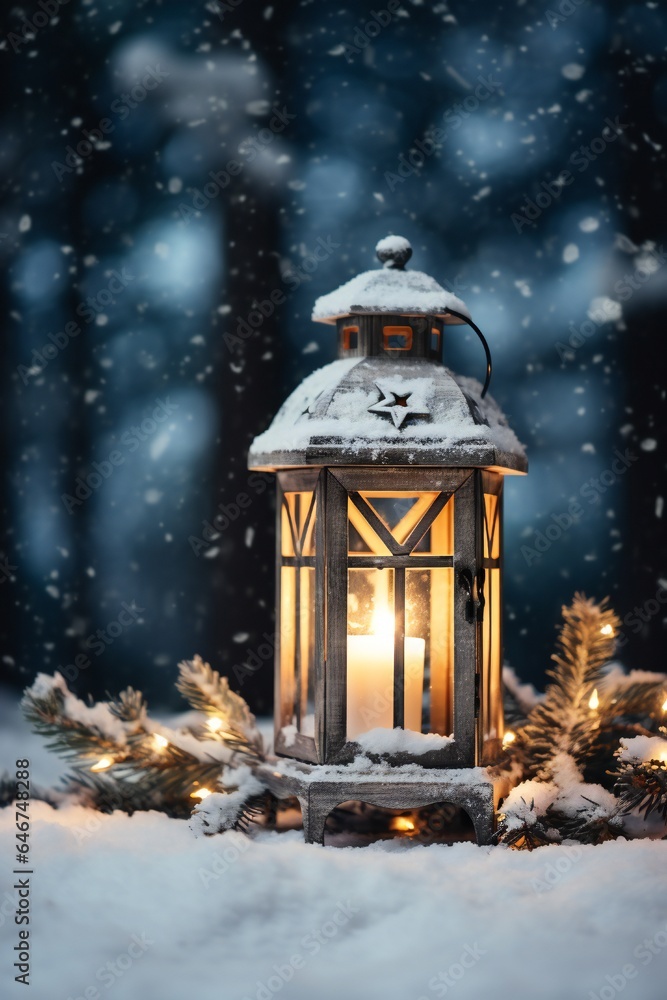 Christmas lantern in the snow, empty copy space Generative AI Christmas lantern in the snow, empty copy space Generative AI