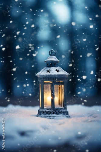 Christmas lantern in the snow, empty copy space Generative AI © LayerAce.com