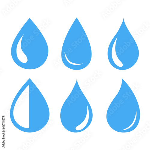 Vector flat icon. Blue water drop drawing or drop drop icon. A collection of six figures. Suitable for logos, badges, textile design and more.