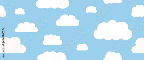 Vector flat illustration. White clouds set isolated on blue background. Perfect for cover, wallpaper and textile design.