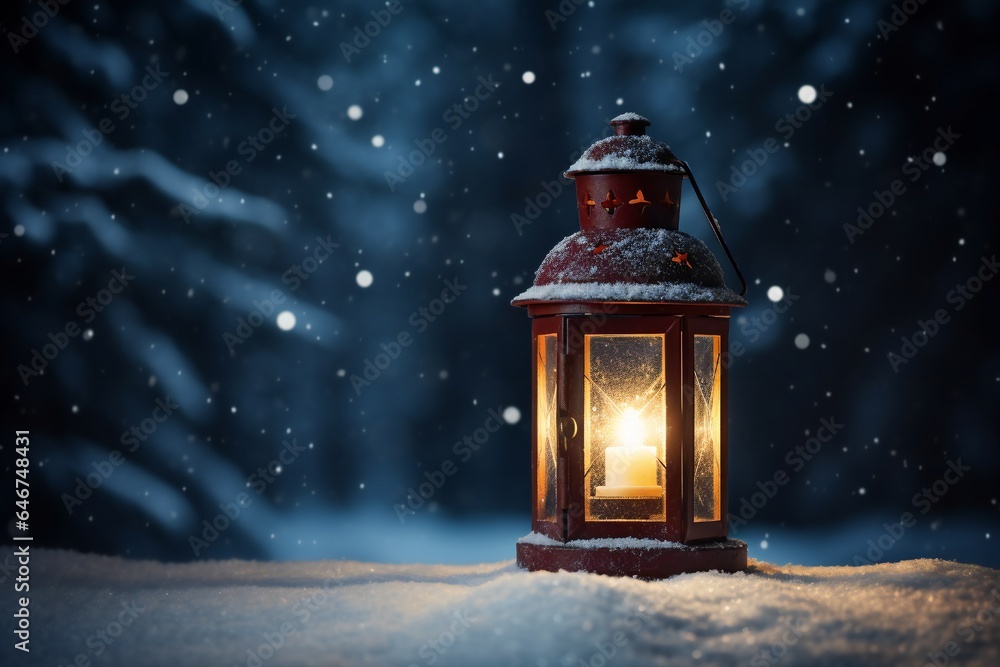 Christmas lantern in the snow, empty copy space Generative AI Christmas lantern in the snow, empty copy space Generative AI