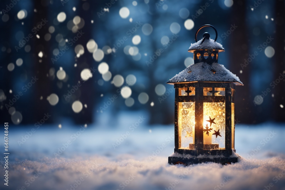 Christmas lantern in the snow, empty copy space Generative AI Christmas lantern in the snow, empty copy space Generative AI