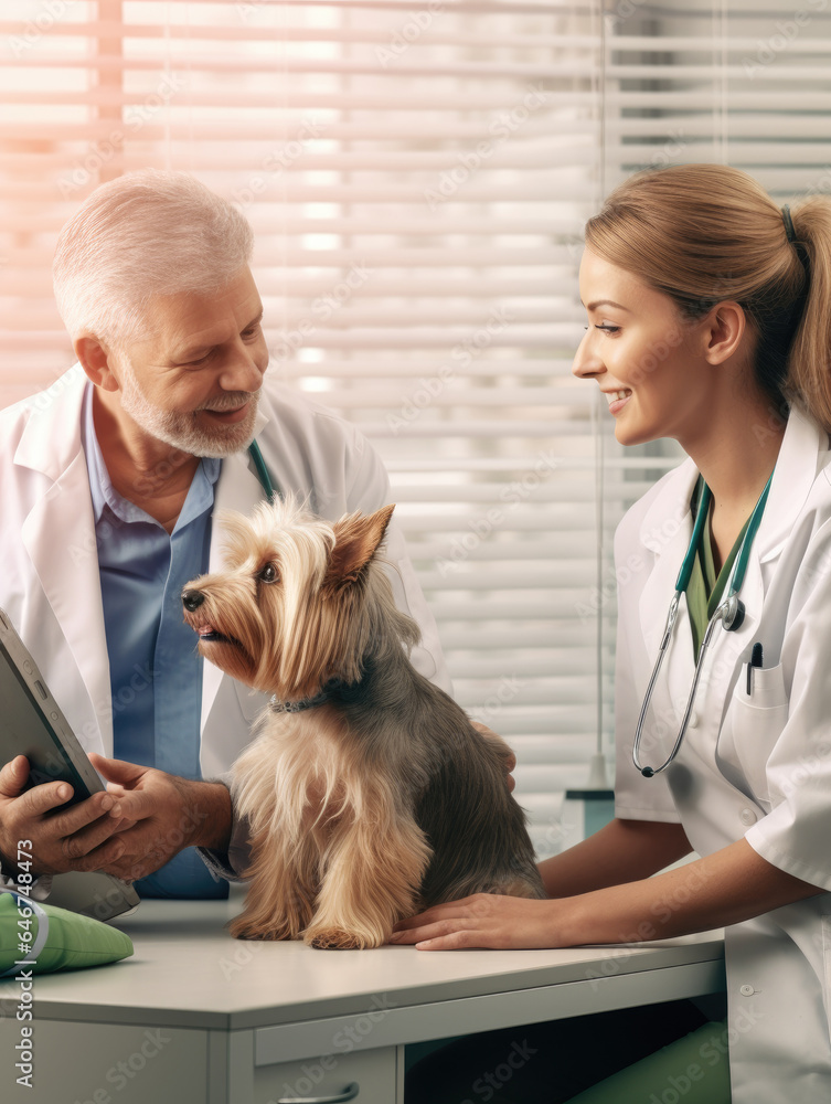 During an appointment at a veterinary clinic, a Yorkshire terrier and its owners talk to a doctor During an appointment at a veterinary clinic, a Yorkshire terrier and its owners talk to a doctor