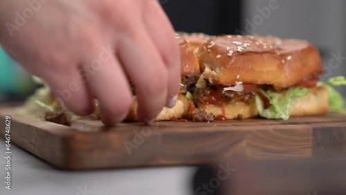 A delicious Chopped Cheese Slider Cheese Pull after a fantastic day of cooking photo