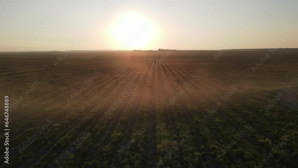 Aerial view of Sunset in a field Aerial view of Sunset in a field