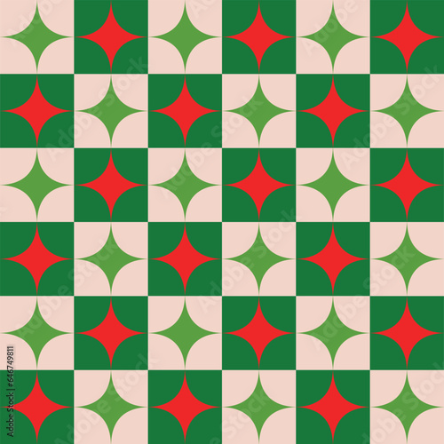 Checkered red and green Mid Century Atomic retro starbursts seamless pattern. For Christmas fabric, textile and home 