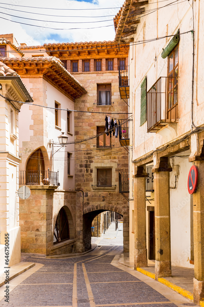 Street with historic houses in the old centre of Mora de Rubielos, Spain