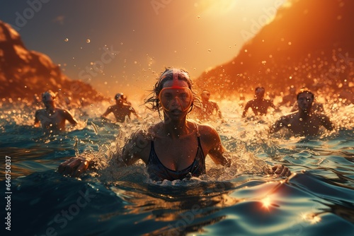 Practice Swim: Swimmers treading water as they prepare for their individual races.Generated with AI © Chanwit
