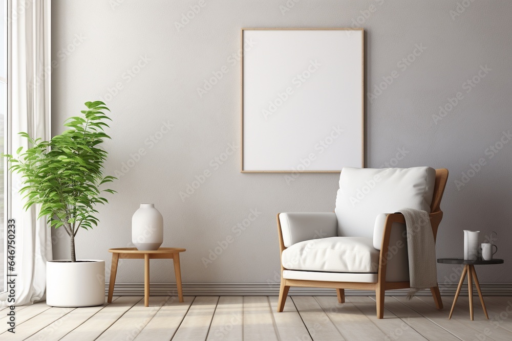 Modern Aesthetic Interior Design with Small Blank Poster Created with Generative AI Modern Aesthetic Interior Design with Small Blank Poster Created with Generative AI