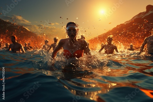 Practice Swim: Swimmers treading water as they prepare for their individual races.Generated with AI © Chanwit