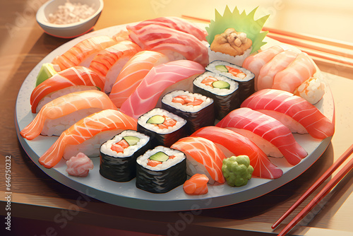 Sushi Japanese food anime style illustration Made with Generative AI photo