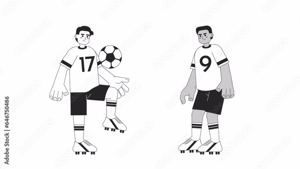 Soccer players practice bw cartoon animation. Boys playing sports 4K video motion graphic. Football athlete kicking ball with knee 2D monochrome line animated characters isolated on white background Soccer players practice bw cartoon animation. Boys playing sports 4K video motion graphic. Football athlete kicking ball with knee 2D monochrome line animated characters isolated on white background