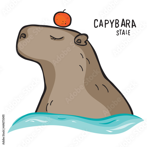 Capybara - a water piggy - sits in the water with an orange on his head.