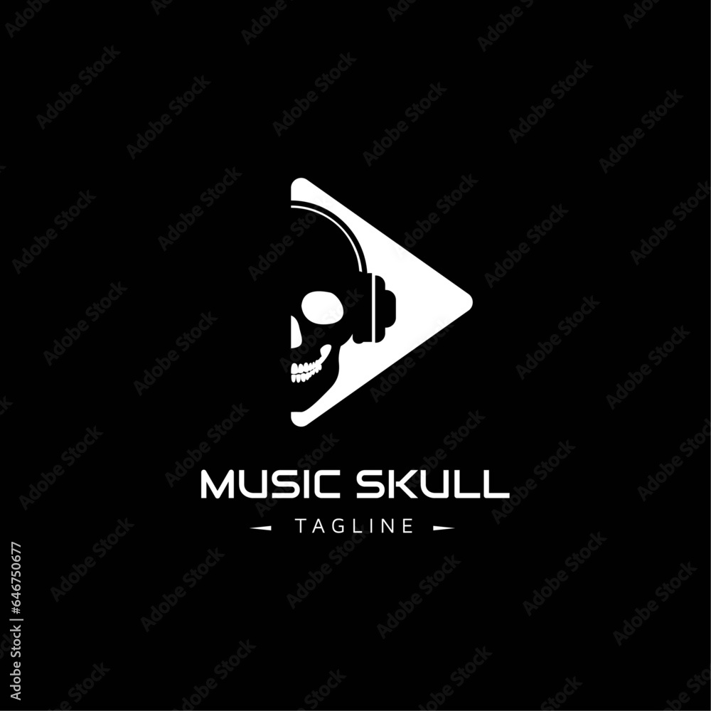 Music Skull logo. play button with skull used earphone isolated on the black background. - obrazy, fototapety, plakaty 
