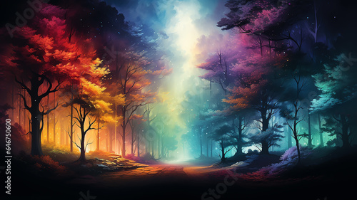 landscape in a fabulous forest  rainbow spectrum of colorful autumn trees in unusual neon lighting  fog background autumn fantasy