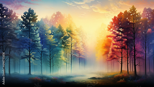 landscape in a fabulous forest  rainbow spectrum of colorful autumn trees in unusual neon lighting  fog background autumn fantasy