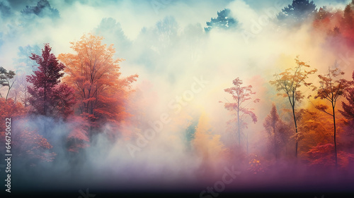 landscape in a fabulous forest, rainbow spectrum of colorful autumn trees in unusual neon lighting, fog background autumn fantasy © kichigin19