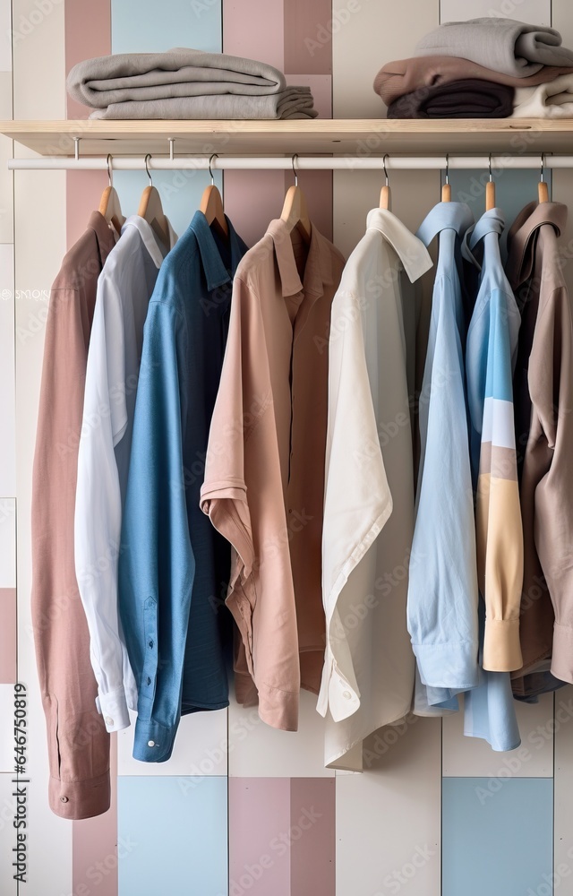 Colorful shirts hanging on wooden hangers in wardrobe, closeup