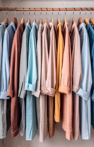 Colorful shirts hanging on wooden hangers in wardrobe, closeup © artem