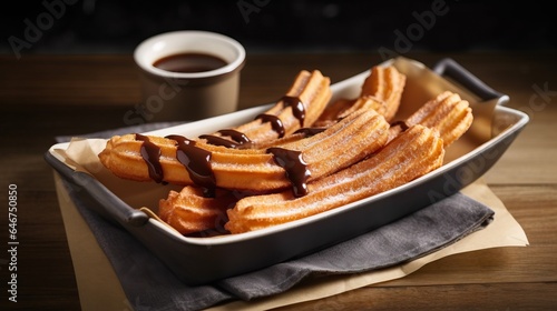 Churros, churros with custard and chocolate sauce on wooden background