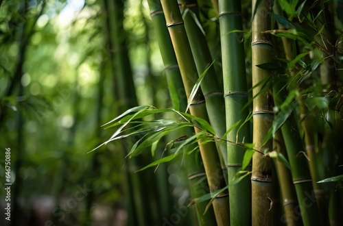 bamboo forest with green leaves and blurred background, shallow depth of field