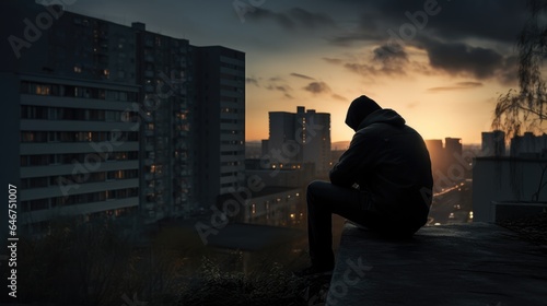 silhouette of a depressed man sitting on the roof of a residential building, embodying loneliness, sadness, and despair.