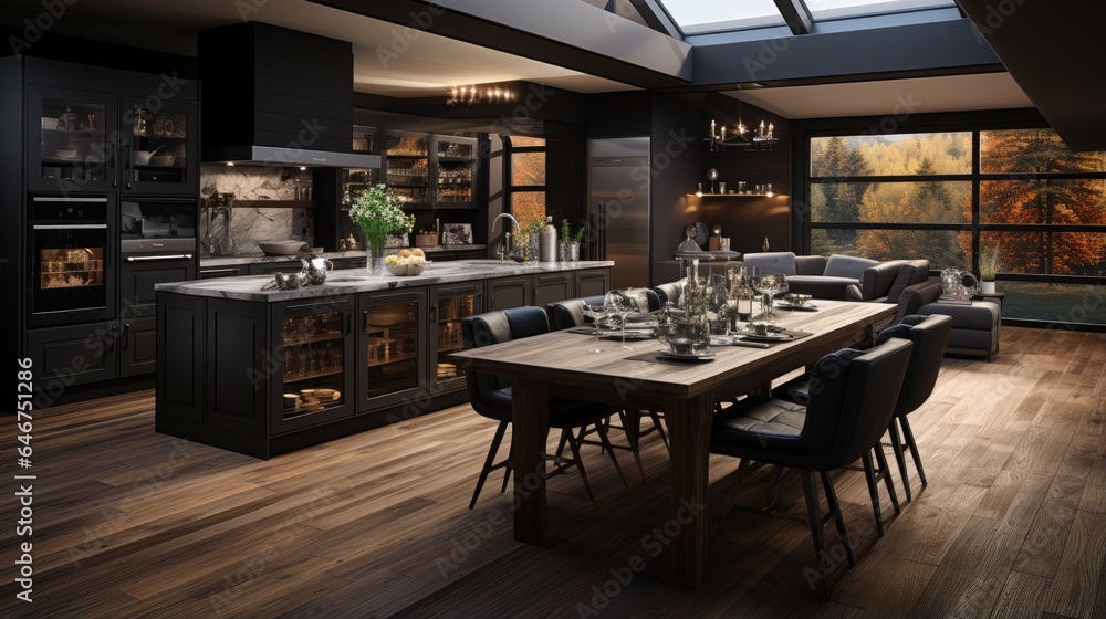 Luxurious kitchen with brown wooden floors, black wooden cupboards and stainless steel kitchen appliances