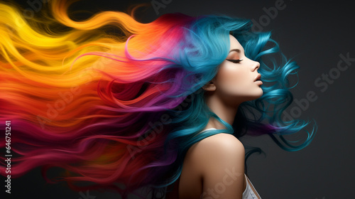 Portrait of lifestyle beautiful woman wearing colorful Fashion rainbow hair, AI Generation