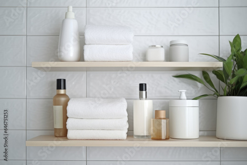 jars and bottles of care cosmetics for face and body on shelves in a bright bathroom.