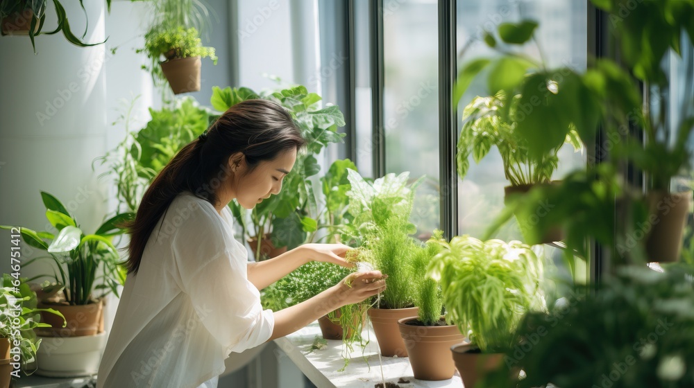 A person tends to potted plants on a balcony, nurturing green life in an urban environment A person tends to potted plants on a balcony, nurturing green life in an urban environment
