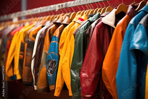 jackets and other clothing hanged on rack at an outdoor market
