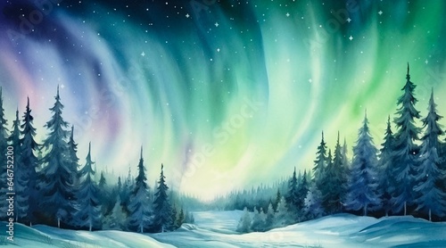 Watercolor winter mountain landscape with pine tree and snow, Night Sky Landscape with Stars, and Northern Lights, for winter background