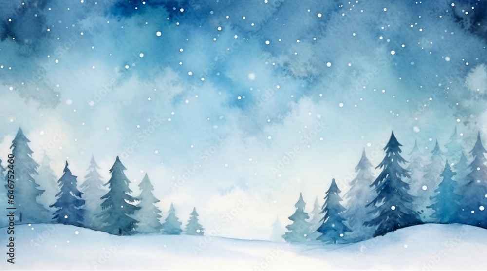 Watercolor winter landscape with pine tree and snow, Night Sky Landscape with Stars, for winter background. Watercolor winter landscape with pine tree and snow, Night Sky Landscape with Stars, for winter background.
