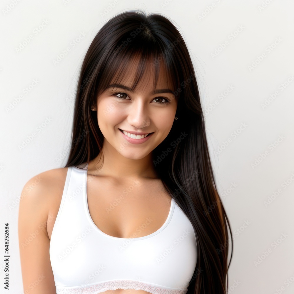 Portrait beautiful brunette asian model woman in white top with white teeth smile, healthy long hair on light background. Concept of advertising dentist and facial care. Generative AI Portrait beautiful brunette asian model woman in white top with white teeth smile, healthy long hair on light background. Concept of advertising dentist and facial care. Generative AI