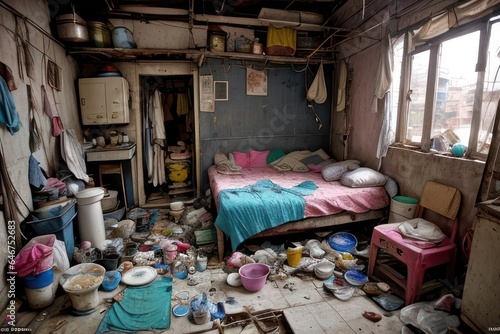 Room in a slum with a dirty bed with a pillow and a blanket, pots, broken bottles, pile of garbage, dirt, plastic and food waste. Drug addiction and alcoholism concept. Generative AI © Vitaliy