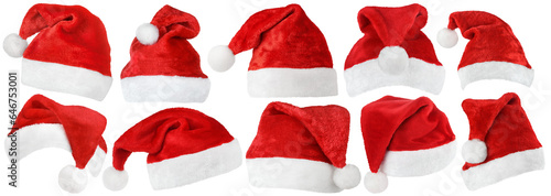 Set of Santa Claus red hat or Christmas red cap isolated on transparent background. High quality edges